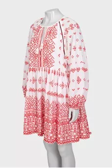 White mini dress with red embroidery and long sleeves