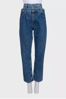 Blue straight-leg jeans with a double waistband effect