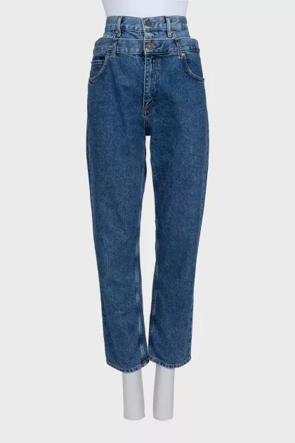 Blue straight-leg jeans with a double waistband effect
