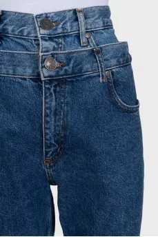 Blue straight-leg jeans with a double waistband effect