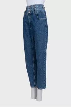 Blue straight-leg jeans with a double waistband effect