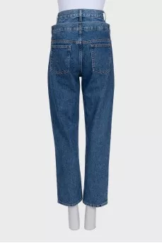 Blue straight-leg jeans with a double waistband effect