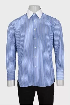 Men's blue striped button-down shirt