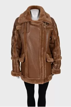Brown sheepskin coat with fur inserts