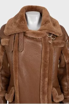 Brown sheepskin coat with fur inserts