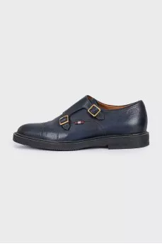 Men's dark blue leather shoes with gold hardware