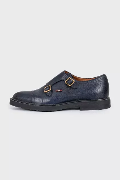 Men's dark blue leather shoes with gold hardware