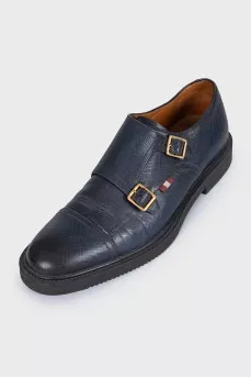Men's dark blue leather shoes with gold hardware