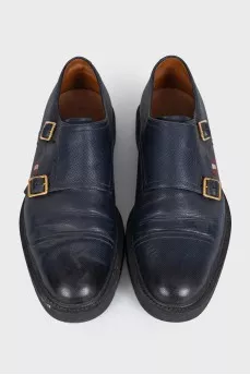 Men's dark blue leather shoes with gold hardware