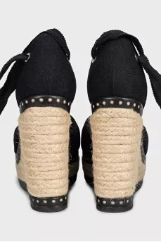 Black textile sandals with laces
