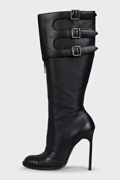 High leather boots with stiletto heels and a zipper