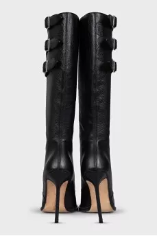 High leather boots with stiletto heels and a zipper