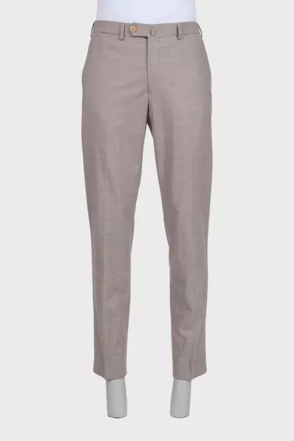 Men's gray trousers with creases, zippers and buttons