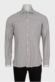 Men's white shirt with a taupe check pattern