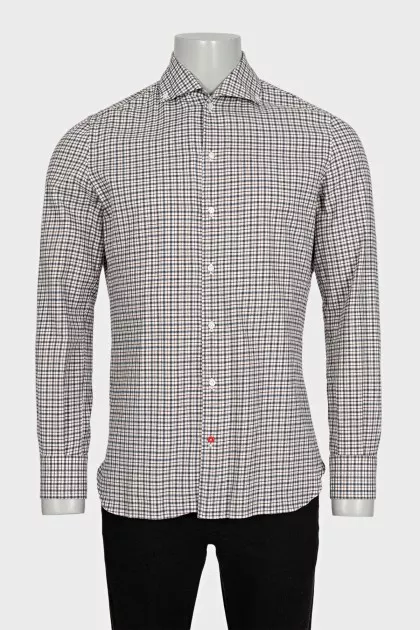 Men's white shirt with a taupe check pattern