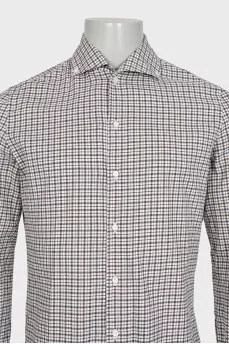 Men's white shirt with a taupe check pattern