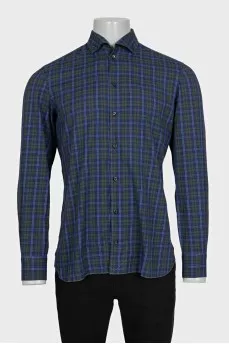 Men's blue shirt with a green check pattern