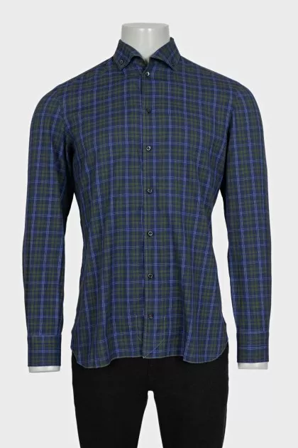 Men's blue shirt with a green check pattern