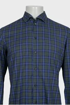 Men's blue shirt with a green check pattern