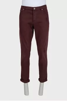 Men's burgundy ripped skinny fit jeans