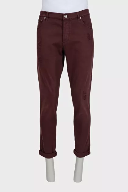 Men's burgundy ripped skinny fit jeans
