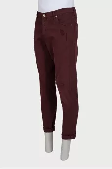 Men's burgundy ripped skinny fit jeans