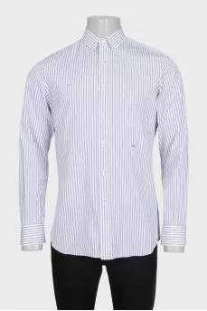 Men's white button-down shirt with gray stripes