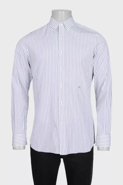 Men's white button-down shirt with gray stripes