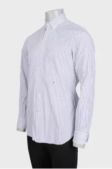 Men's white button-down shirt with gray stripes
