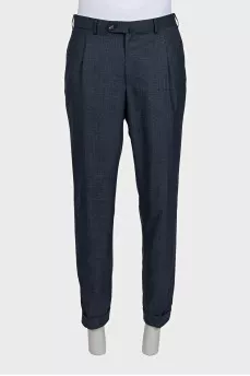 Men's blue wool trousers with a small check pattern