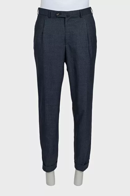 Men's blue wool trousers with a small check pattern