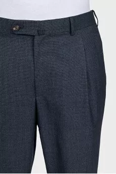 Men's blue wool trousers with a small check pattern