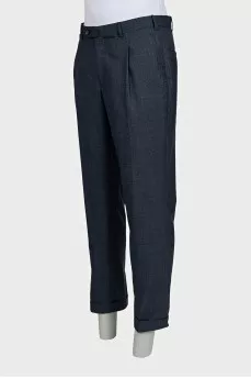Men's blue wool trousers with a small check pattern