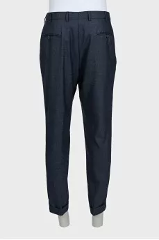 Men's blue wool trousers with a small check pattern