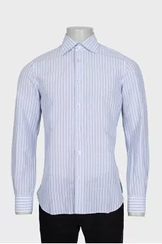 Men's blue shirt with white and purple stripes