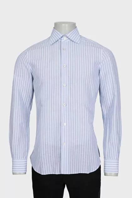Men's blue shirt with white and purple stripes
