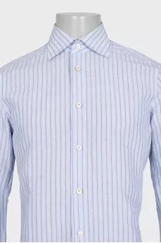 Men's blue shirt with white and purple stripes