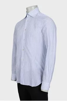 Men's blue shirt with white and purple stripes