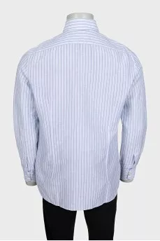 Men's blue shirt with white and purple stripes
