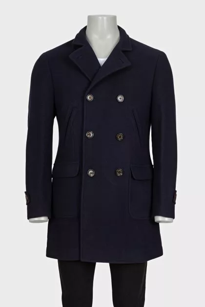 Men's blue double-breasted coat with tag