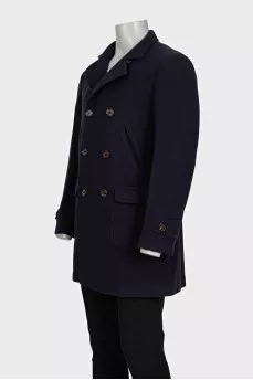 Men's blue double-breasted coat with tag