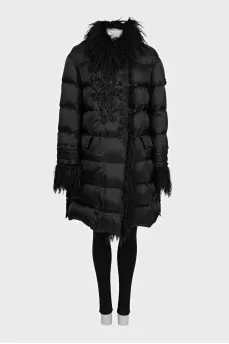 Black quilted down jacket with fur cuffs