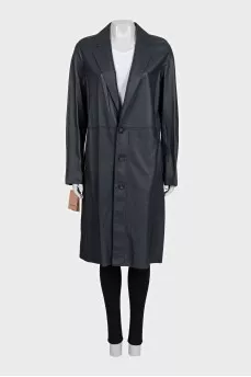 Dark blue leather trench coat with tag