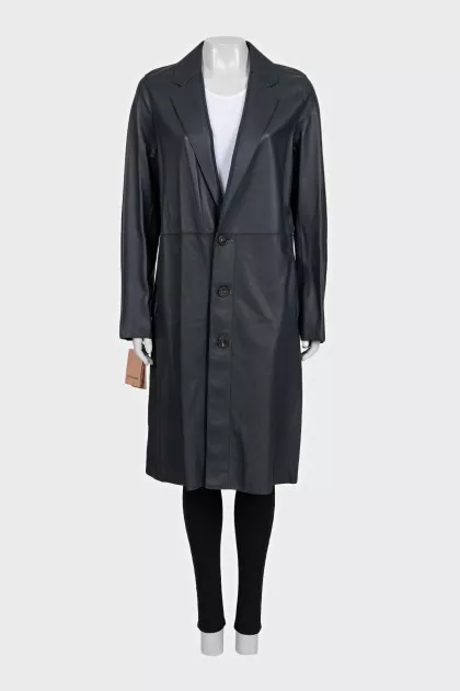 Dark blue leather trench coat with tag