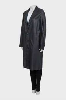 Dark blue leather trench coat with tag