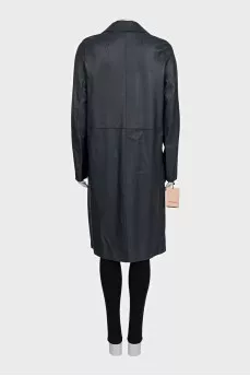 Dark blue leather trench coat with tag