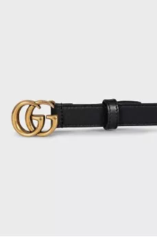 Black narrow leather belt with logo buckle