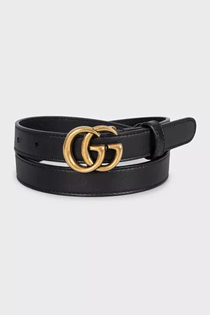 Black narrow leather belt with logo buckle