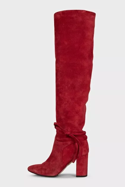 Red suede over-the-knee boots with heels