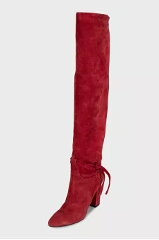 Red suede over-the-knee boots with heels